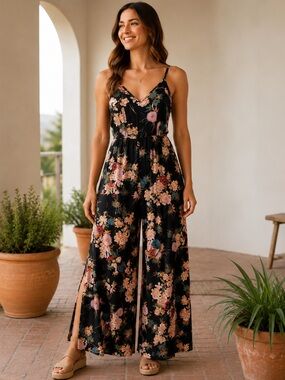 Floral Wide Leg Jumpsuit Adjustable Straps Boho Resort Vacation Medium